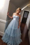Light Blue Strapless Long Prom Dresses Tulle Graduation Gown GP97