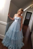 Light Blue Strapless Long Prom Dresses Tulle Graduation Gown GP97