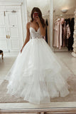 Lace Appliques Ivory Beaded Straps V-neck Wedding Dress With Tiered PW398