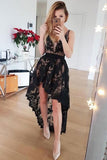 black hi lo lace prom dress with applique black party dress