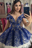 Cute Lace Royal Blue Homecoming Dress, Cap Sleeves Sweet 16 Dress With Beaded GM334