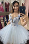 Tulle Light Blue Sweet 16 Dress Applique Homecoming Dress With Beaded GM335
