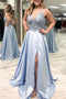 A-line V Neck Lace Satin Prom Dresses Light Blue Formal Dresses GP110