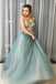 a line tulle long prom dress beading bodice with spaghetti straps