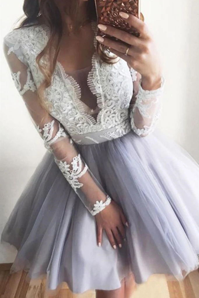 long sleeves lace tulle homecoming dresses short v neck sweet 16 dress