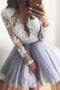 Long Sleeves Lace Tulle Homecoming Dresses, Short V-neck Sweet 16 Dress GM389