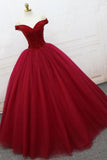 Off Shoulder Ball Gown Burgundy Tulle Long Prom Dresses With Beading MP144