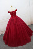 Off Shoulder Ball Gown Burgundy Tulle Long Prom Dresses With Beading MP144