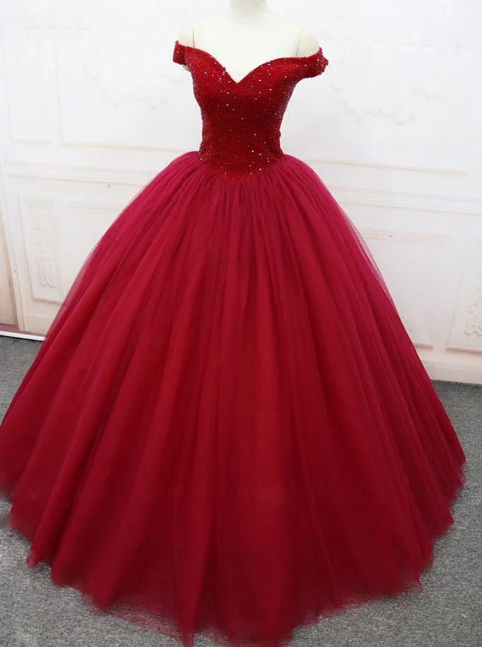 Off Shoulder Ball Gown Burgundy Tulle Long Prom Dresses With Beading MP144