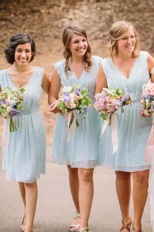 a line v neck knee length mint blue chiffon bridesmaid dresses