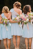 One-Shoulder Mint Blue Chiffon A-Line Short Bridesmaid Dresses PB102