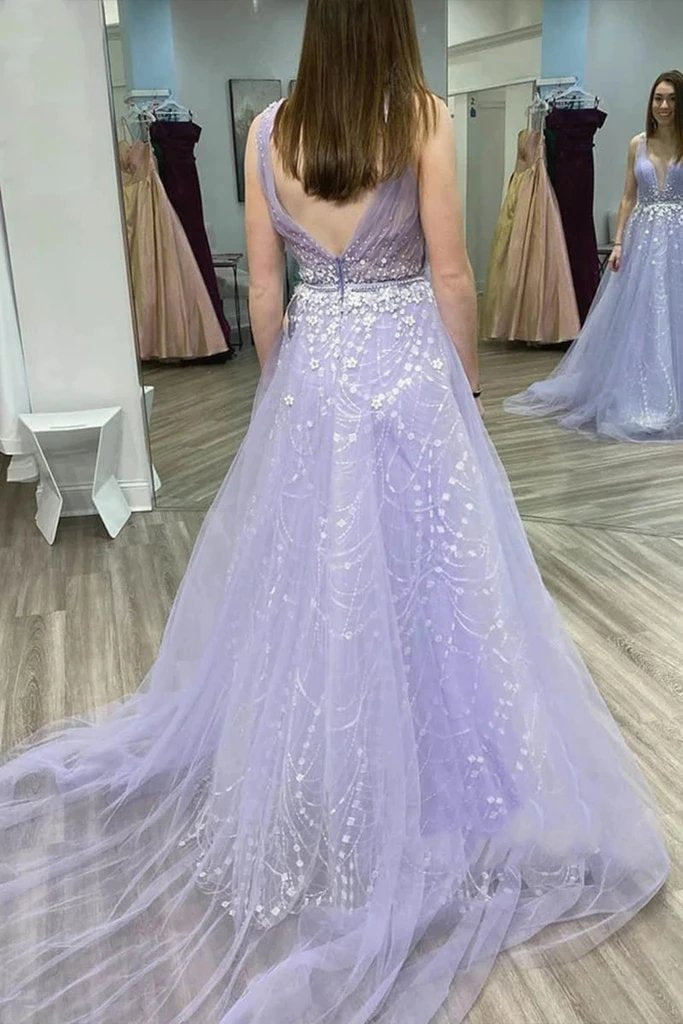A line v neck tulle lace appliques long lilac prom dress, cheap formal dress mg163