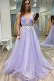 A line v neck tulle lace appliques long lilac prom dress, cheap formal dress mg163