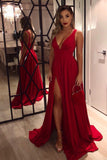 long red v neck simple prom dress red evening party dress with slit