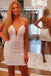 backless v neck spaghetti straps white sequins short homecoming dresses
