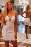 Backless V Neck Spaghetti Straps White Sequins Short Homecoming Dresses GM591