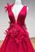 plunging neck a line red tulle long prom dress with 3d floral appliques