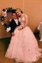Pink Two Piece Prom Dress with Appliques, Elegant Lace Tulle Formal Dress MP1200