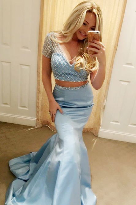 Mermaid V-Neck Sky Blue Two Piece Prom Dress Short Sleeves with Beading GP67