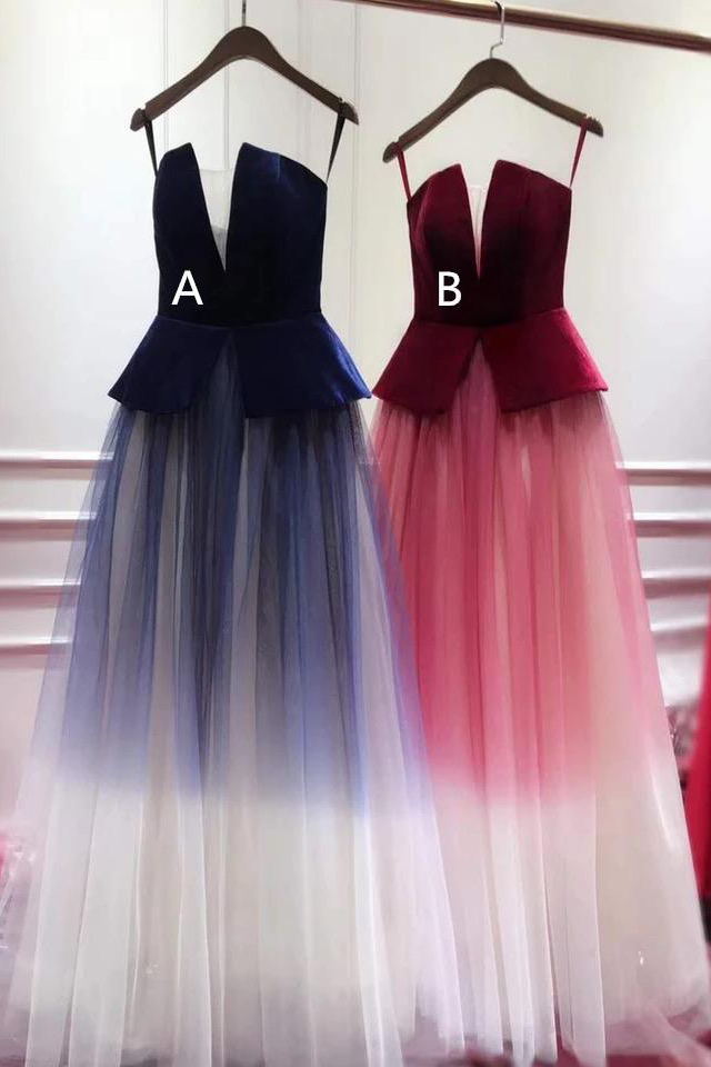 Spaghetti-straps Ombre Prom Dresses Plunging Long Evening Gowns MP1133