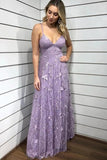 Spaghetti-straps V-neck Lace Appliques Lilac Long Prom Dresses MP160