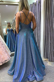 sparkly long prom dresses with pockets a line blue formal dress