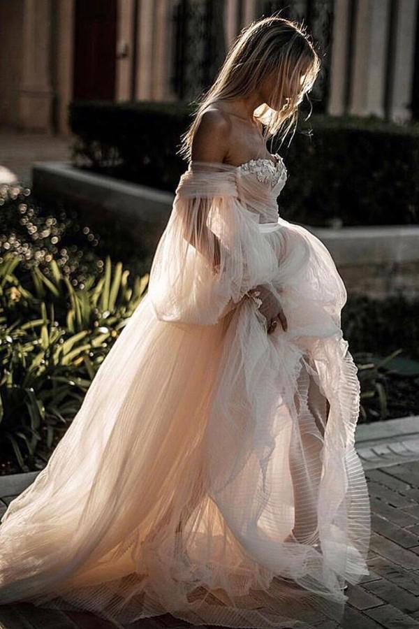 romantic appliques off shoulder tulle wedding dress with long puff sleeves