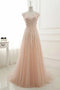 A Line Sheer Neck Cap Sleeves Tulle Prom Dresses With Appliques GP92