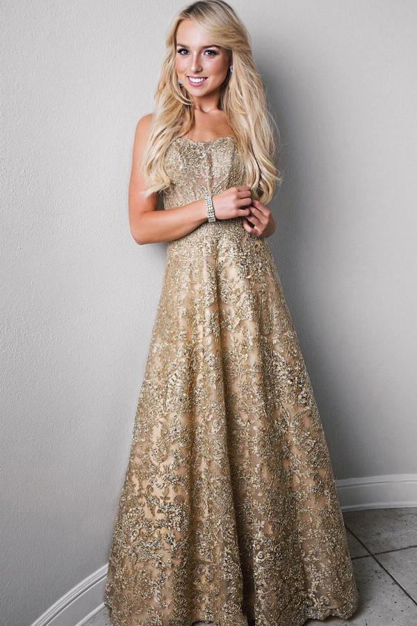 A-Line Strapless Lace Prom Dresses Gold Formal Party Dress MP251