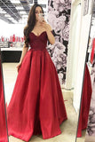Burgundy Lace Bodice Satin Long Prom Dress, Off-Shoulder Evening Dress GP98