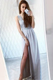 a line scalloped edge appliques satin prom dress with slit