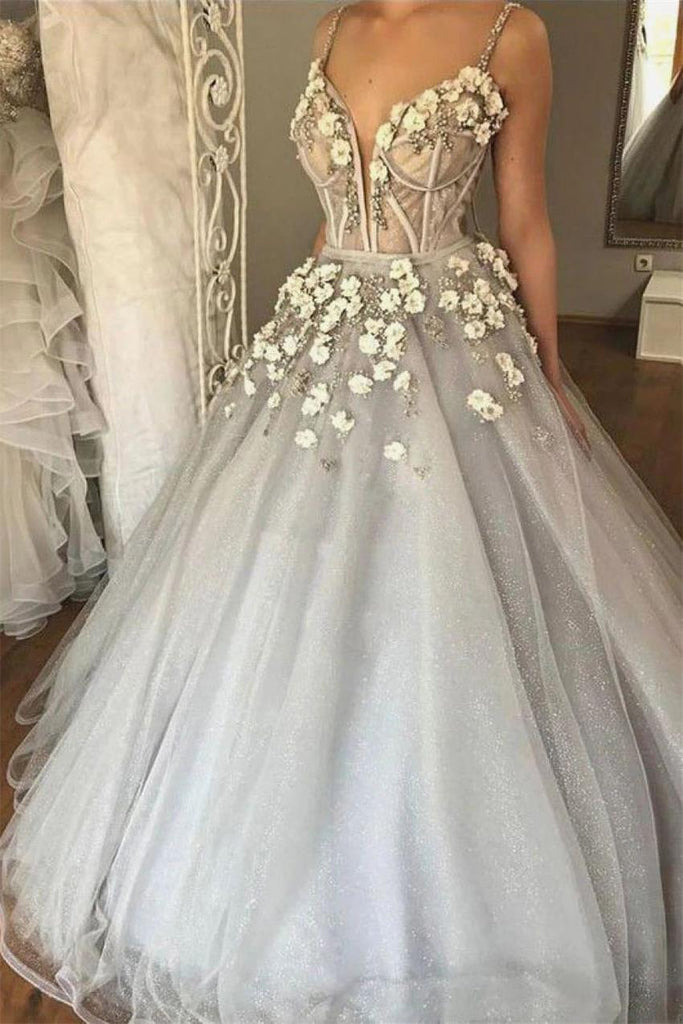 sparkly dusty silver 3d floral ball gown long wedding dress