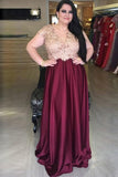 a line v neck satin long plus size prom dress with applique