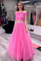 Off Shoulder Two Piece Tulle Pink Teens Prom Dresses With Beaded MP774