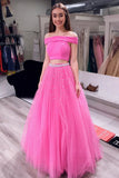 Off Shoulder Two Piece Tulle Pink Teens Prom Dresses With Beaded MP774