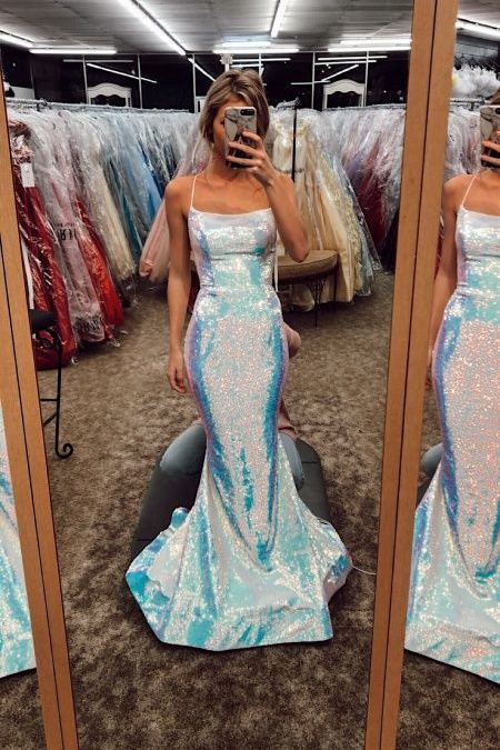 sparkle mermaid prom dresses spaghetti straps long evening dress