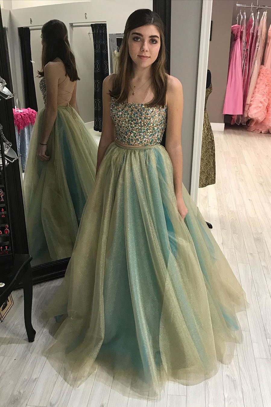 Strapless Beading Bodice Long Prom Dress Tulle Spaghetti Backless Formal Gown GP72