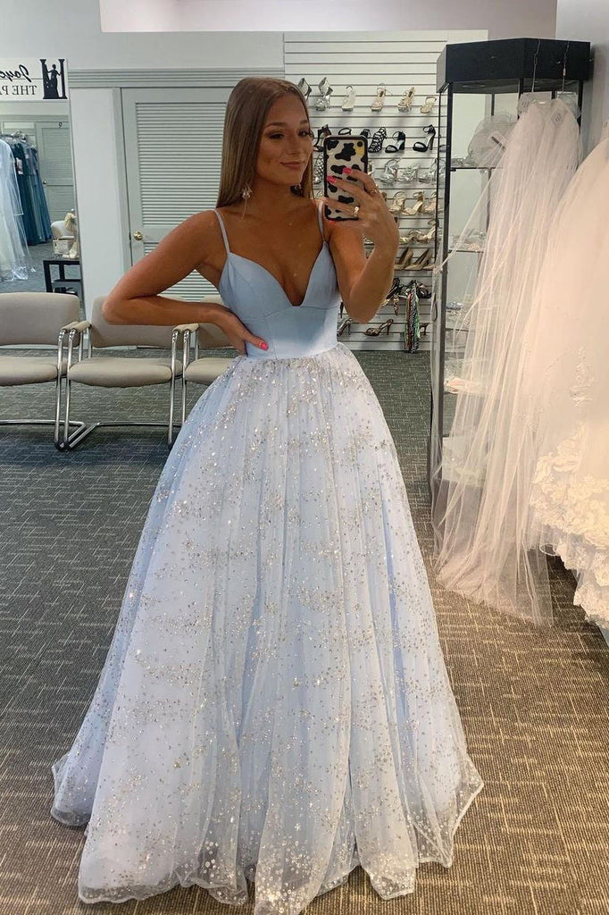 light blue sparkly tulle backless long prom dress