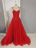 Shiny Red Tulle A line Prom Dress Spaghetti Straps Formal Gown With Slit GP325