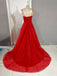 shiny red tulle a line prom dress spaghetti straps formal gown with slit