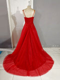 Shiny Red Tulle A line Prom Dress Spaghetti Straps Formal Gown With Slit GP325