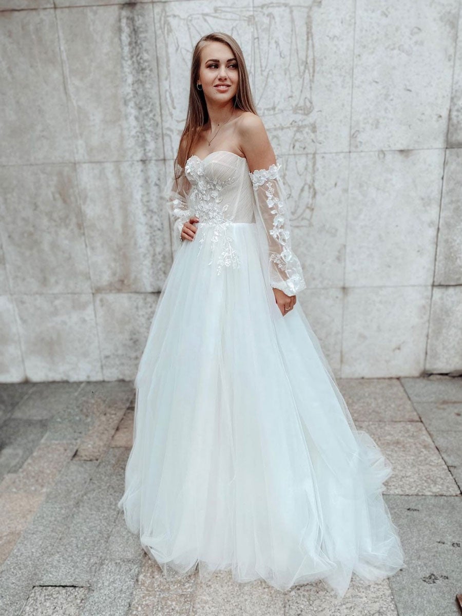 Long Sleeves White Boho Tulle Wedding Dress, Beach Bridal Gown With Appliques PW465