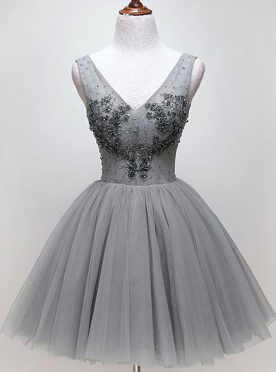 v neck beading silver short prom homecoming dress tulle dance dress