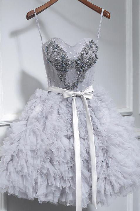 grey cute sweet 16 gown spaghetti straps beaded short mini party dress