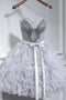 Grey Cute Sweet 16 Gown Spaghetti-straps Beaded Short/Mini Party Dress GM279