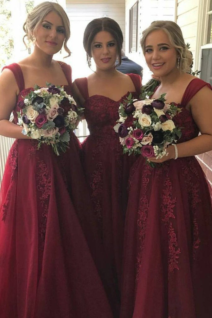 straps tulle long burgundy bridesmaid dresses with lace appliques