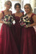 straps tulle long burgundy bridesmaid dresses with lace appliques