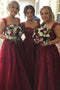 Straps Tulle Long Burgundy Bridesmaid Dresses With Lace Appliques PB191