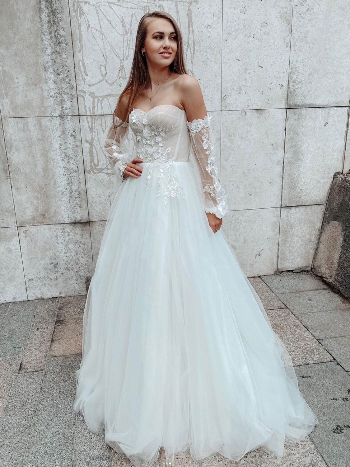 Long Sleeves White Boho Tulle Wedding Dress, Beach Bridal Gown With Appliques PW465