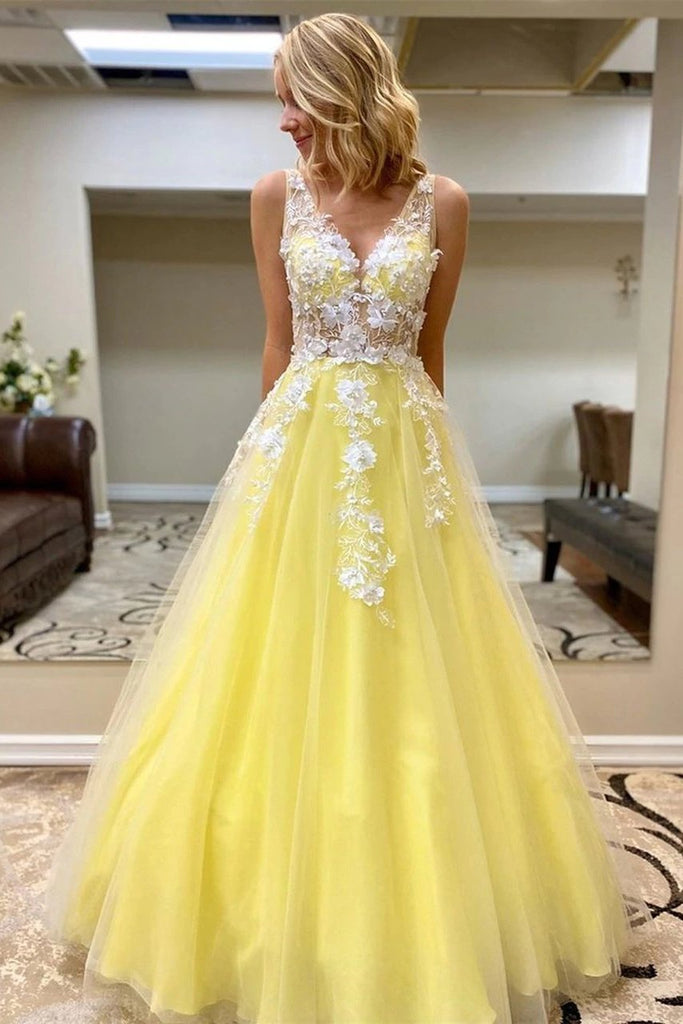 Princess v neck daffodil tulle long prom dresses with lace appliques mg157